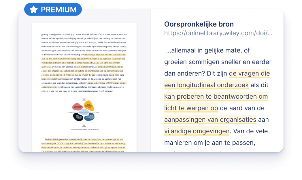 Overeenkomsten in je document worden door onze plagiaatscanner gemarkeerd, zodat je ze eenvoudig en snel kunt bekijken.